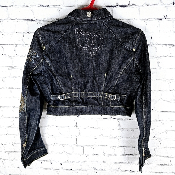 PEOPLE 4 PEACE | dark wash denim button up embroidered cropped jean jacket - Picture 4 of 8